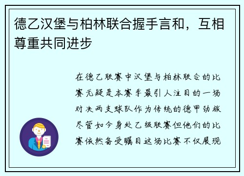 德乙汉堡与柏林联合握手言和，互相尊重共同进步